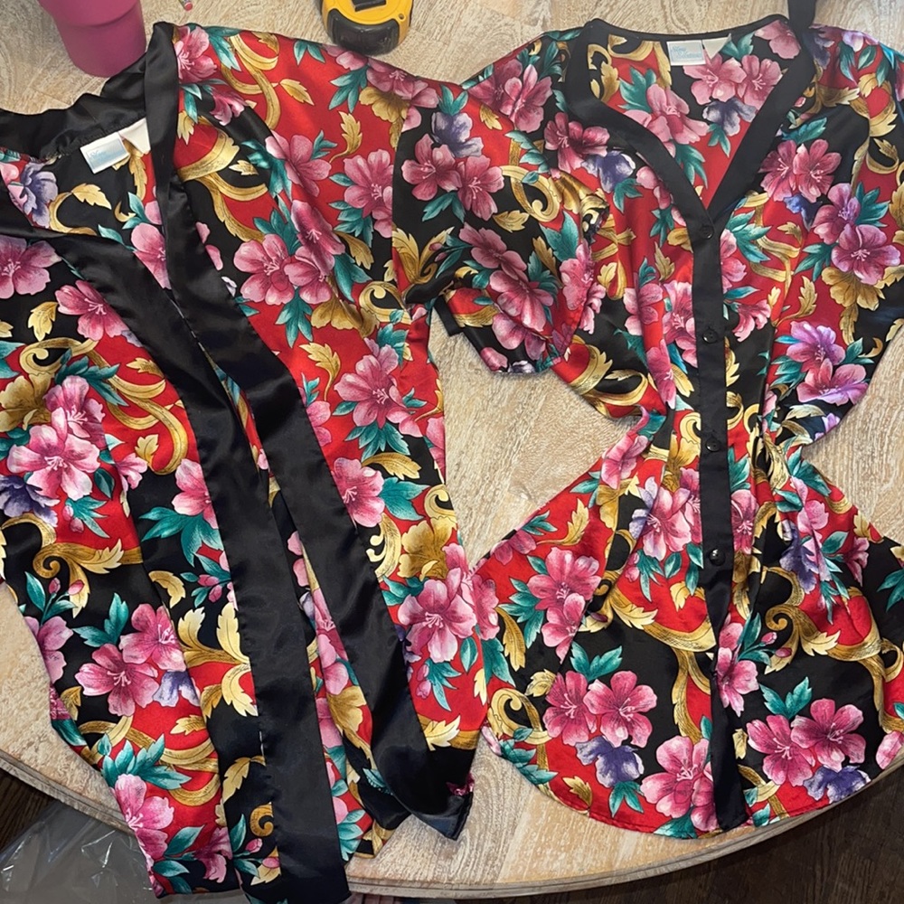 Vintage Pink Red Gold Floral Pajama Dress M Robe Set